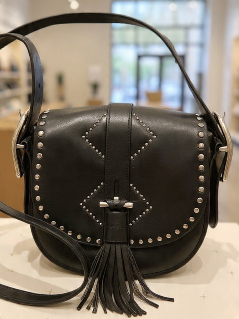 Anne Klein Black Leather Studded Crossbody Bag with Tassel/Fringe
- LIKE NEW